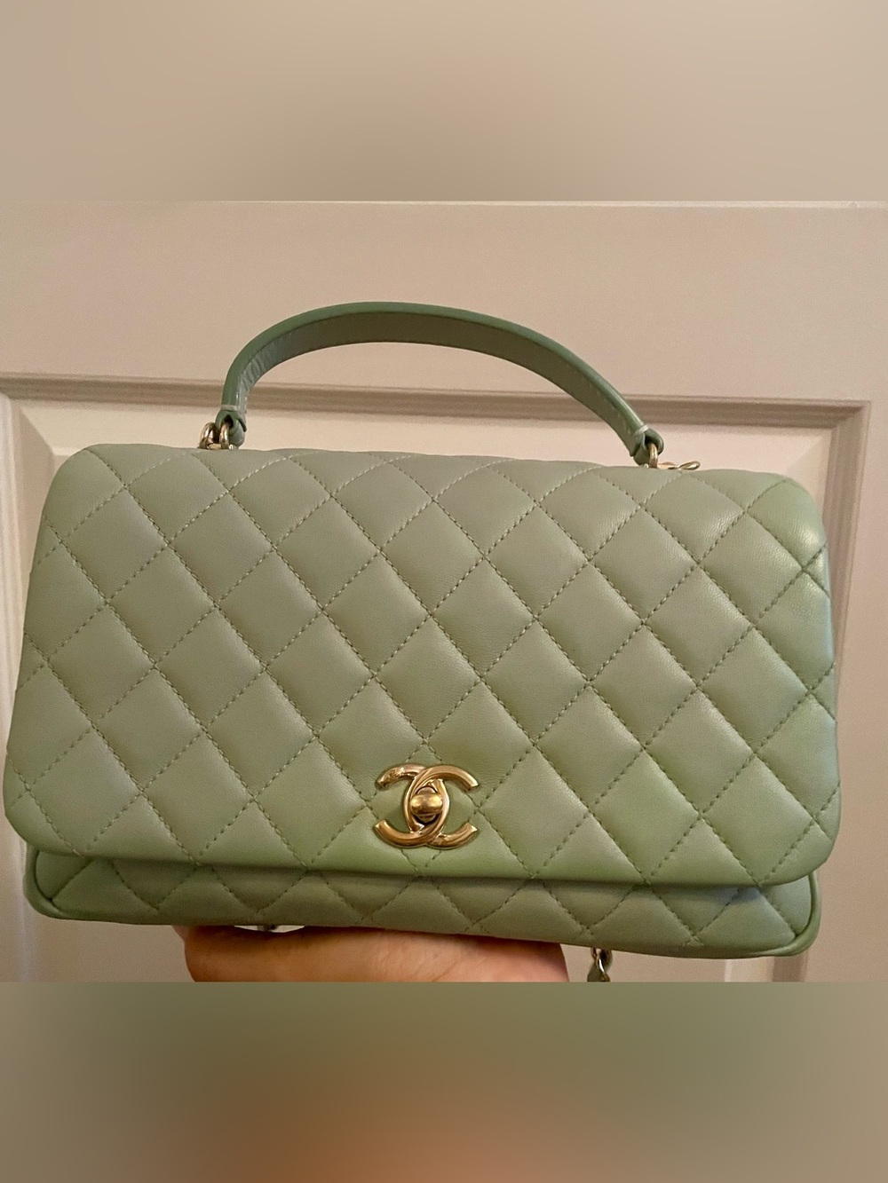 CHANEL Mint Green Quilted Top Handle bag with Gold Hardware